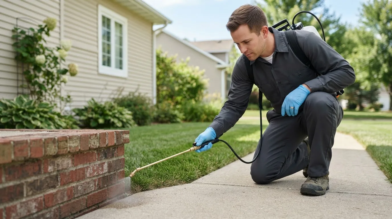 Pest control technician treating a home near Henniker, NH